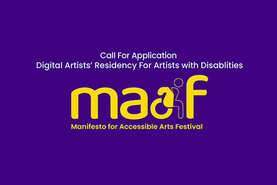 An image with a dark blue background and text that reads 'Call for applications. Digital artists' residency for artists with disabilities' in white font. There is also text that reads 'MAAF. Manifesto for accessible arts festival' in yellow font.
