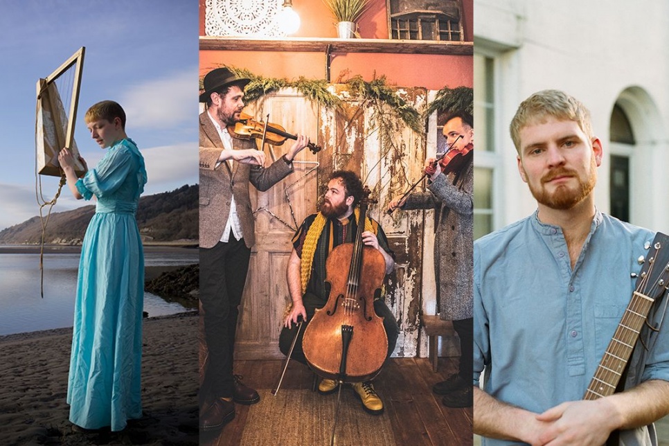 A collage of three musicians: Cerys Hafana, Gwilym Bowen Rhys and VRï