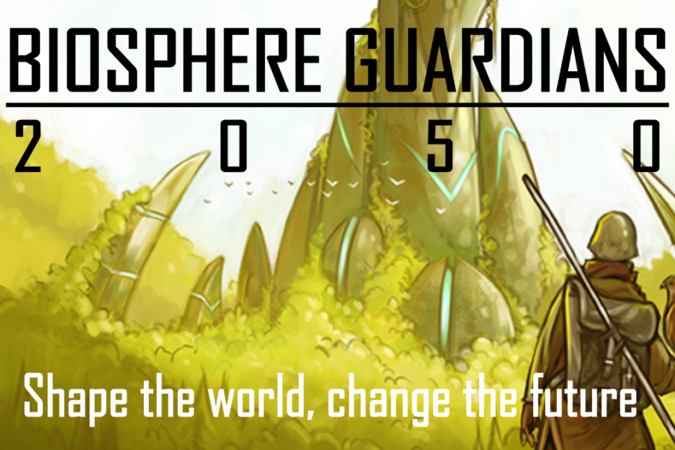 A cartoon artwork of a person stood facing a creature with claw-like spikes surrounding it. Text reads: Biosphere Guardians 2050, Shape the world, change the future.