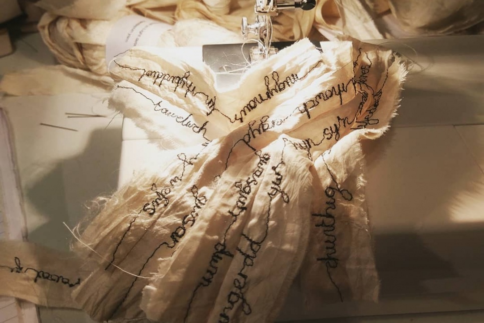 Poetry embroidered into textile work by the artist Judith Musker Tuner