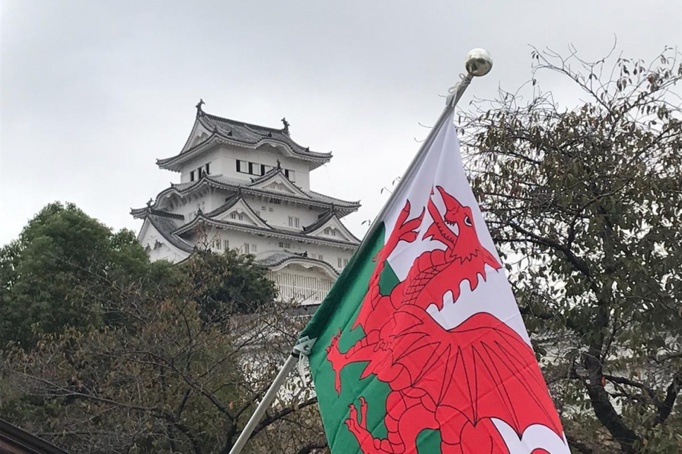 A Welsh flag hanging from a pole in front of a temple in Beppu, Japan