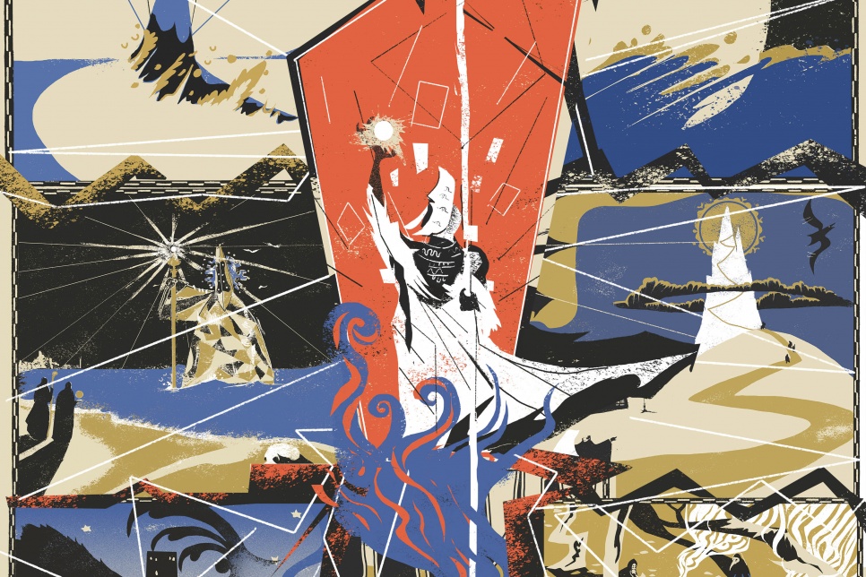 Artwork created by Max Hartley for Tricksters Net. The artwork is an A4 collage with multiple abstract scenes across it with blue, cream and black filling the outer edges of the page, and red at the centre. The scenes depict various gameplay stories with figures seen around pools of water, abstract landscapes and monuments, and a figure at the centre cloaked in white holding a ball of light to the air.