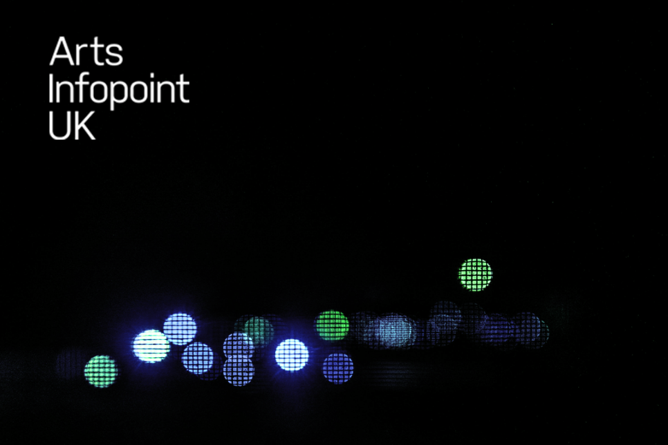 Bright coloured dots on a dark background. White ArtsinfopointUK logo with white event title text.