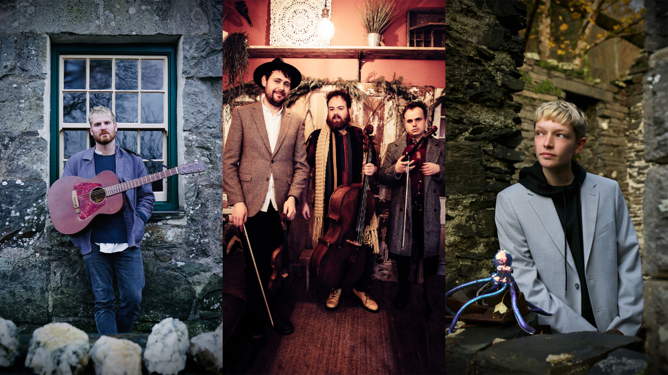 A collage of 3 images. From left to right: Gwilym Bowen Rhys standing in front of a panelled window with a green frame and brick walled home; the band VRi stood in a room with wooden flooring, they are holding their instruments which are violins and a cello; Cerys Hafana is stood in the ruins of a castle where a window used to be, with an octopus plush toy in front of them.