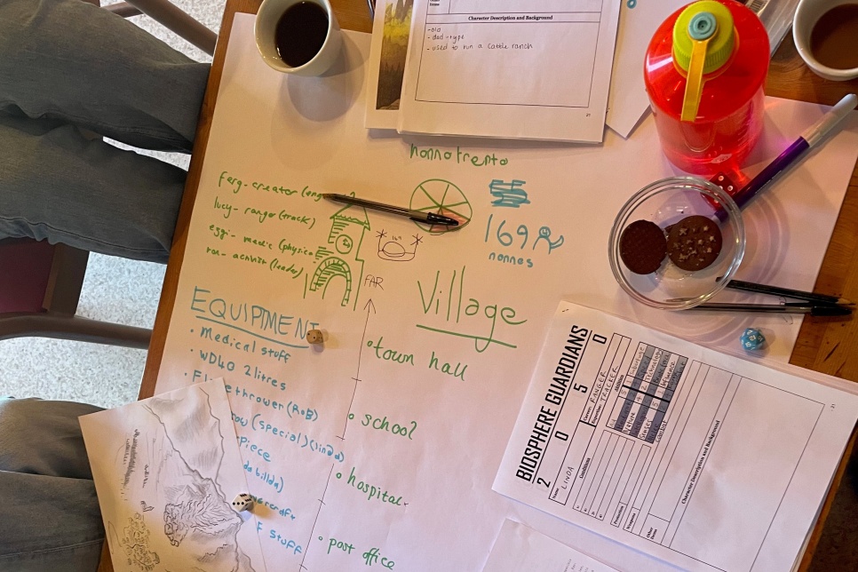 Pieces of paper placed on top of a larger piece of whiteboard paper which is covered in notes in green and blue marker pen. There are several mugs also resting on top of the paper, and a plate of biscuits.