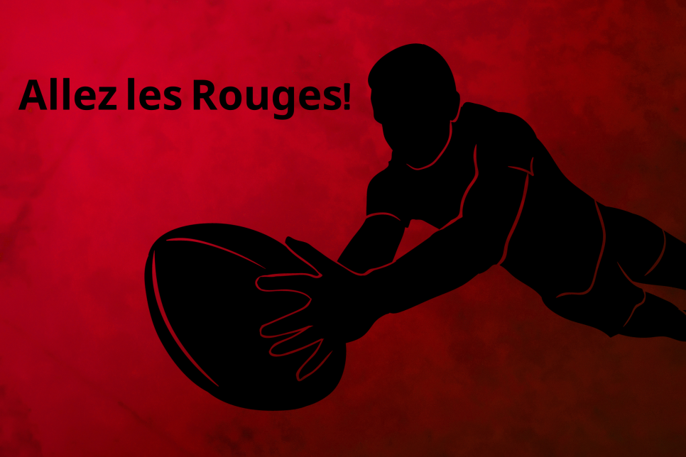 Artwork of black outline figure jumping for rugby ball on red background with the text 'Allez les Rouges!'