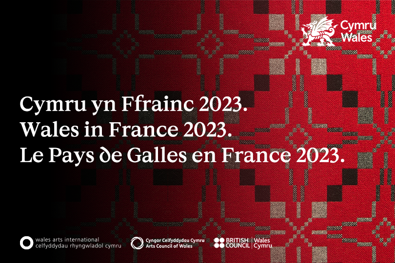 White 'Wales in France' text and white logos on red, black and grey Melin Trygwnt background