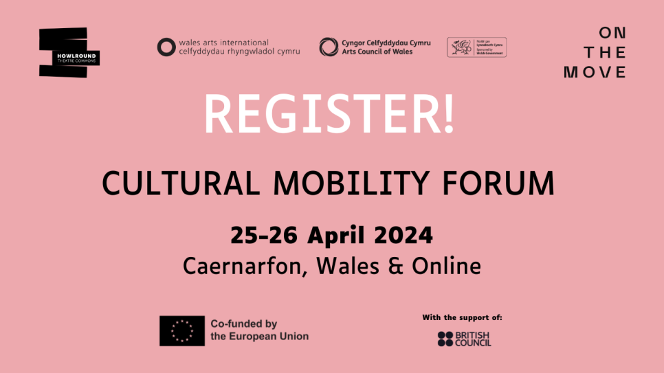 The text 'Register! Cultural Mobility Forum 2024, 25-26 April 2024' plus black logos on a pink background
