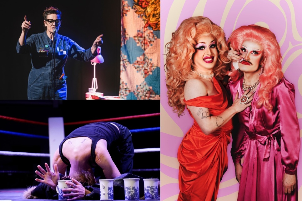 Three images. Top left is an individual in a boilersuit with their arms up. Bottom left is a person bent over next to three cups in a boxing ring. Right side are two drag queens one in a red gown and one in a pink gown. 