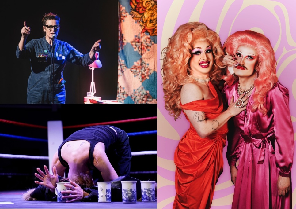 Three images. Top left is an individual in a boilersuit with their arms up. Bottom left is a person bent over next to three cups in a boxing ring. Right side are two drag queens one in a red gown and one in a pink gown. 
