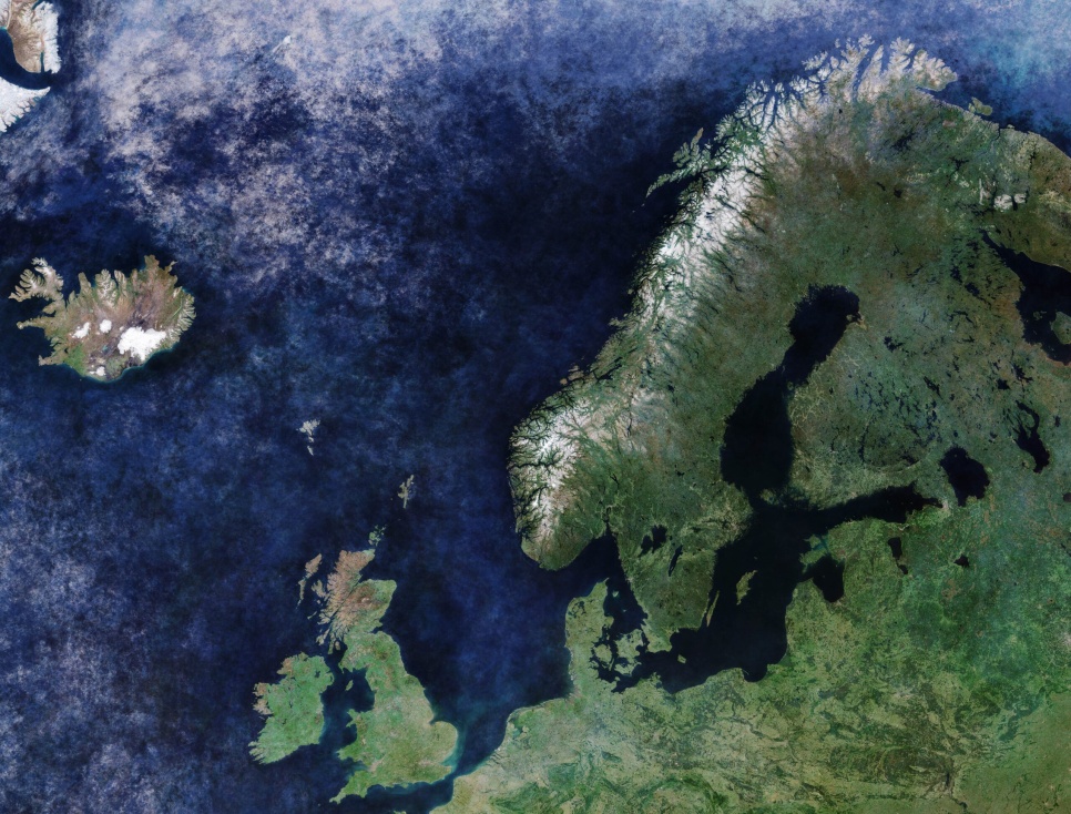 A Satellite image of the Nordic countries, UK and Ireland