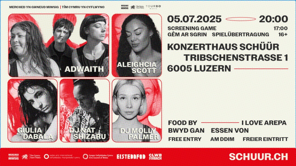 Poster advertising the Merched yn Gwneud Miwsig Gig in Switzerland on the fifth of July 2025