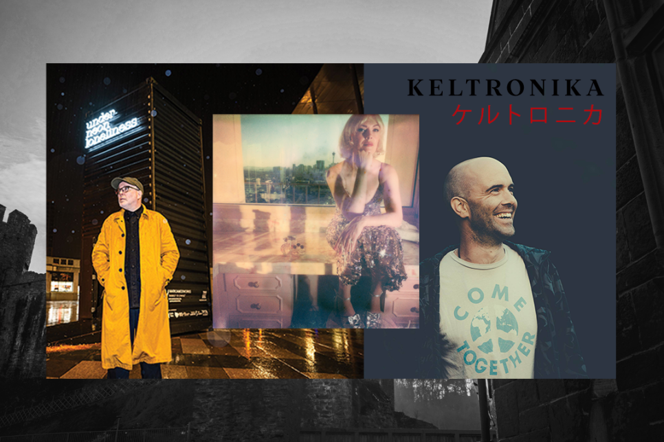 A man looking left, a woman central looking to camera, and a man looking right. Black text: KELTRONIKA