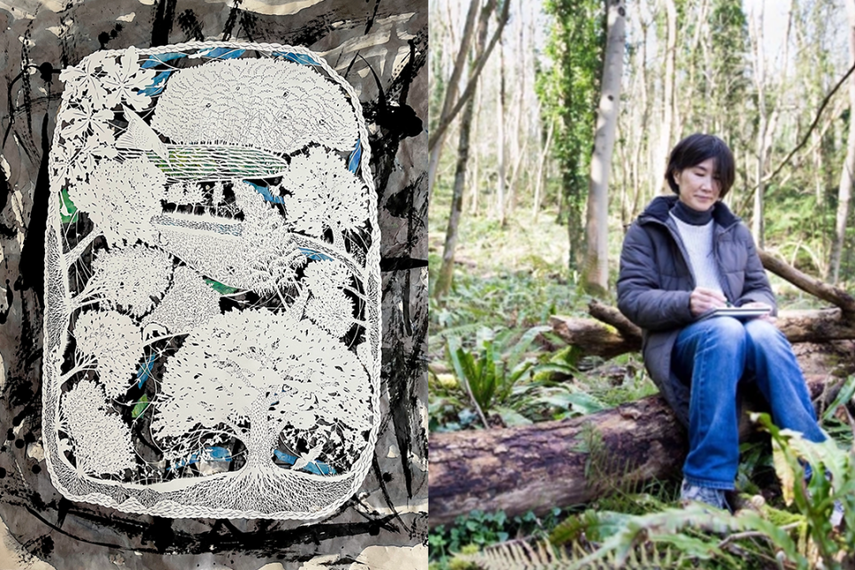 Paper cut artwork on the left, a lady sat in a forest with black bobbed hair, sketching