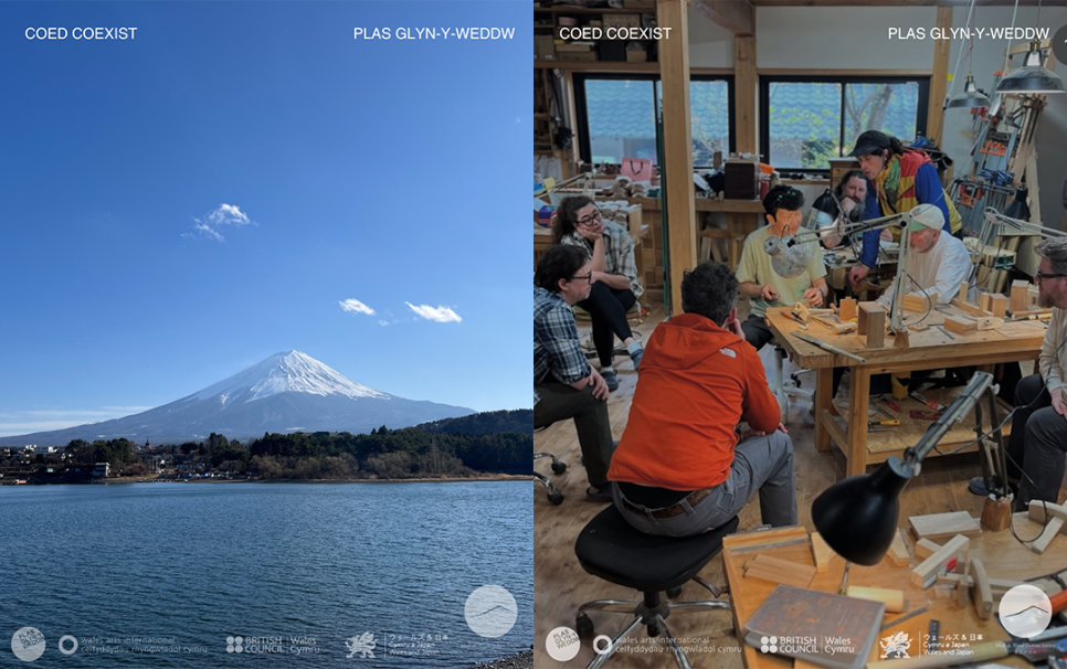 A Japanese mountain in front of blue water on the left, a woodcraft workshop of people watching a demonstration on the right.