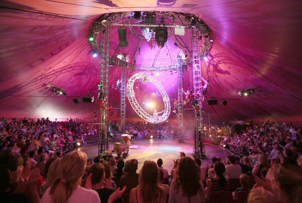 a circus show taking place in a big top with audience watching